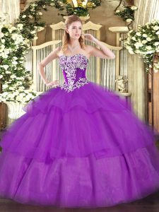 Fine Purple Ball Gowns Strapless Sleeveless Tulle Floor Length Lace Up Beading and Ruffled Layers Sweet 16 Quinceanera D