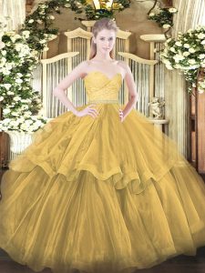 Eye-catching Sweetheart Sleeveless Ball Gown Prom Dress Brush Train Beading and Lace and Ruffled Layers Gold Tulle