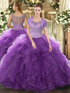 Spectacular Lavender Clasp Handle Quinceanera Dresses Beading and Ruffled Layers Sleeveless Floor Length
