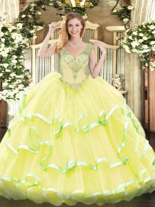 Custom Design Yellow Sleeveless Organza Lace Up Sweet 16 Dress for Military Ball and Sweet 16 and Quinceanera