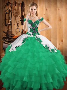 Fitting Turquoise Off The Shoulder Neckline Embroidery and Ruffled Layers Sweet 16 Quinceanera Dress Sleeveless Lace Up