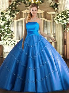Unique Sleeveless Tulle Floor Length Lace Up Sweet 16 Dresses in Blue with Appliques