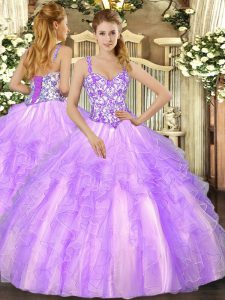 Free and Easy Organza Straps Sleeveless Lace Up Beading and Appliques and Ruffles 15th Birthday Dress in Lavender