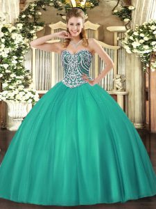 Turquoise Sleeveless Beading Floor Length Ball Gown Prom Dress