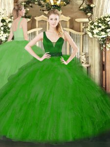 Exceptional Floor Length Green Sweet 16 Dress Straps Sleeveless Zipper