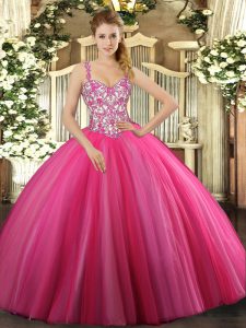 Tulle Straps Sleeveless Lace Up Beading Quinceanera Gowns in Hot Pink