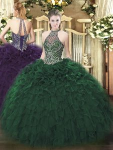 Low Price Dark Green Sleeveless Beading and Ruffles Floor Length Quinceanera Gowns