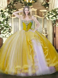 Discount Gold Tulle Lace Up Quince Ball Gowns Sleeveless Floor Length Beading and Ruffles