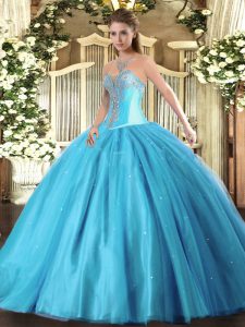 Sleeveless Floor Length Beading Lace Up Sweet 16 Quinceanera Dress with Aqua Blue