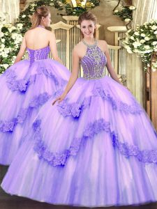 Latest Lavender Tulle Lace Up Halter Top Sleeveless Floor Length Quinceanera Gown Beading and Appliques