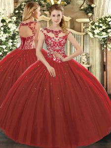 Scoop Cap Sleeves Quinceanera Gown Floor Length Beading and Appliques Wine Red Tulle