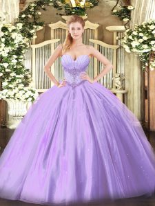 Trendy Lavender Ball Gowns Tulle Sweetheart Sleeveless Beading Floor Length Lace Up Sweet 16 Dresses