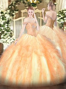 Multi-color Ball Gowns Tulle Off The Shoulder Sleeveless Beading and Ruffles Floor Length Lace Up Quinceanera Dress