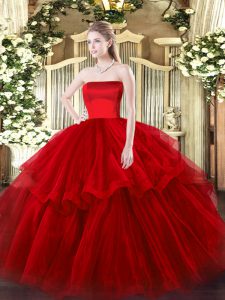 Brush Train Ball Gowns Quinceanera Dress Wine Red Strapless Tulle Sleeveless Zipper