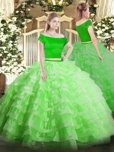 Spectacular Tulle Zipper Off The Shoulder Short Sleeves Floor Length 15th Birthday Dress Appliques and Ruffled Layers