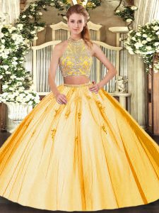 Gold Sleeveless Tulle Criss Cross Ball Gown Prom Dress for Military Ball and Sweet 16 and Quinceanera