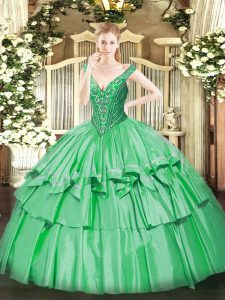 Eye-catching Green V-neck Lace Up Beading and Ruffled Layers Sweet 16 Dress Sleeveless