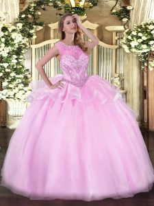 Deluxe Beading 15 Quinceanera Dress Pink Zipper Sleeveless Floor Length