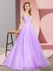 Lavender A-line V-neck Sleeveless Tulle Floor Length Zipper Lace Prom Evening Gown