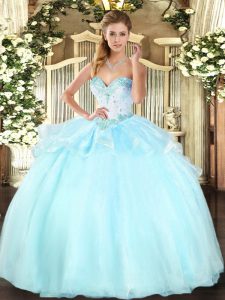 Apple Green Ball Gowns Sweetheart Sleeveless Organza Floor Length Lace Up Beading Quinceanera Gowns