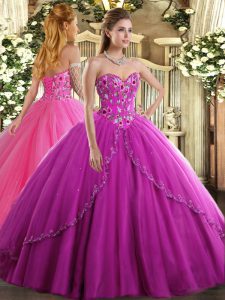 Stylish Sweetheart Sleeveless 15 Quinceanera Dress Brush Train Appliques and Embroidery Fuchsia Tulle