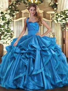 Hot Sale Ball Gowns Quinceanera Gowns Baby Blue Halter Top Organza Sleeveless Floor Length Lace Up