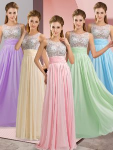 Flare Sleeveless Chiffon Floor Length Side Zipper Evening Dress in Baby Pink with Beading