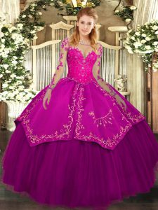 Long Sleeves Floor Length Lace and Embroidery Lace Up 15th Birthday Dress with Fuchsia