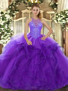 Purple High-neck Lace Up Beading and Ruffles 15th Birthday Dress Sleeveless