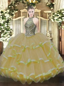 Glittering Sleeveless Organza Floor Length Lace Up Quince Ball Gowns in Gold with Beading and Ruffles