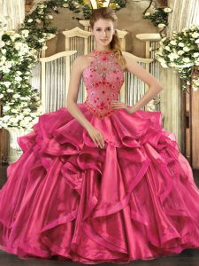 Designer Hot Pink Organza Lace Up Sweet 16 Dresses Sleeveless Floor Length Beading and Embroidery and Ruffles