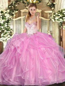 Beauteous Rose Pink Organza Lace Up Sweetheart Sleeveless Floor Length Quince Ball Gowns Beading and Ruffles