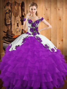 Organza Off The Shoulder Sleeveless Lace Up Embroidery and Ruffled Layers 15 Quinceanera Dress in White And Purple