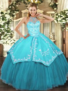 Custom Made Floor Length Aqua Blue Sweet 16 Dresses Satin and Tulle Sleeveless Beading and Embroidery
