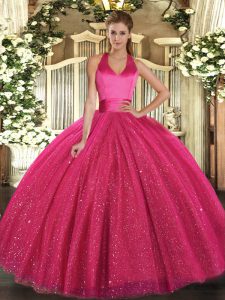 Floor Length Lace Up 15th Birthday Dress Hot Pink for Military Ball and Sweet 16 and Quinceanera with Sequins
