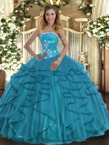Ball Gowns Vestidos de Quinceanera Teal Strapless Tulle Sleeveless Floor Length Lace Up