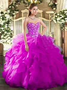 Customized Embroidery and Ruffles Quinceanera Dresses Fuchsia Lace Up Sleeveless Floor Length