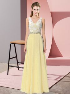 Glorious Light Yellow V-neck Neckline Beading Prom Evening Gown Sleeveless Backless