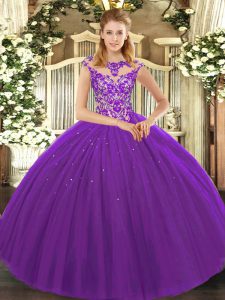 Latest Beading and Appliques Quinceanera Gowns Eggplant Purple Lace Up Sleeveless Floor Length