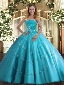 Floor Length Aqua Blue Sweet 16 Dresses Tulle Sleeveless Beading and Appliques and Ruffled Layers