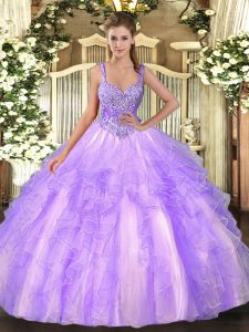 Floor Length Lace Up 15 Quinceanera Dress Lavender for Military Ball and Sweet 16 and Quinceanera with Beading and Ruffl