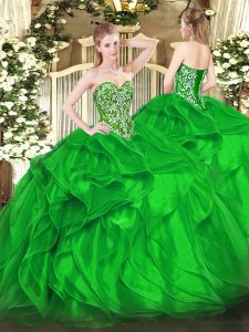 Sleeveless Floor Length Beading and Ruffles Lace Up 15 Quinceanera Dress with Green