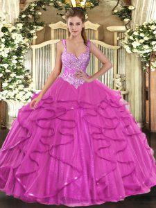 Delicate Straps Sleeveless Ball Gown Prom Dress Floor Length Beading and Ruffles Fuchsia Tulle