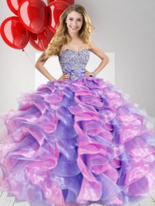 Comfortable Multi-color Ball Gowns Sweetheart Sleeveless Organza Floor Length Zipper Beading and Ruffles and Bowknot Qui