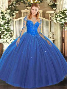 Blue Lace Up Quinceanera Gown Lace Long Sleeves Floor Length