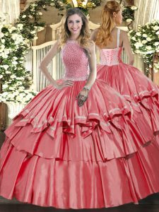 Elegant Floor Length Ball Gowns Sleeveless Coral Red Quinceanera Gown Lace Up