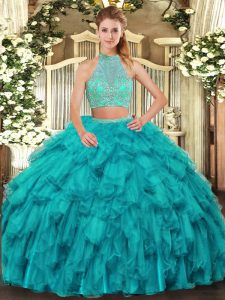Modern Floor Length Turquoise Sweet 16 Quinceanera Dress Halter Top Sleeveless Criss Cross