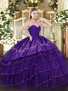 Purple Sweetheart Neckline Embroidery and Ruffled Layers Quince Ball Gowns Sleeveless Zipper