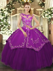 Captivating Floor Length Eggplant Purple Quinceanera Gowns Scoop Cap Sleeves Lace Up