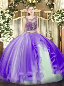 Stunning Lavender Two Pieces Tulle Scoop Sleeveless Beading and Ruffles Floor Length Lace Up Quinceanera Gowns